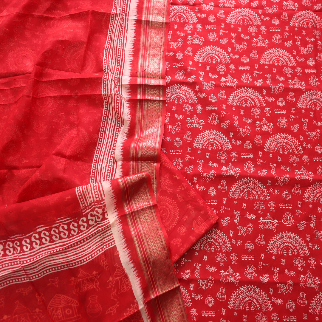 Zinat Bright Red Warli Printed in Mangalgiri Hem Work Cotton Suit Set