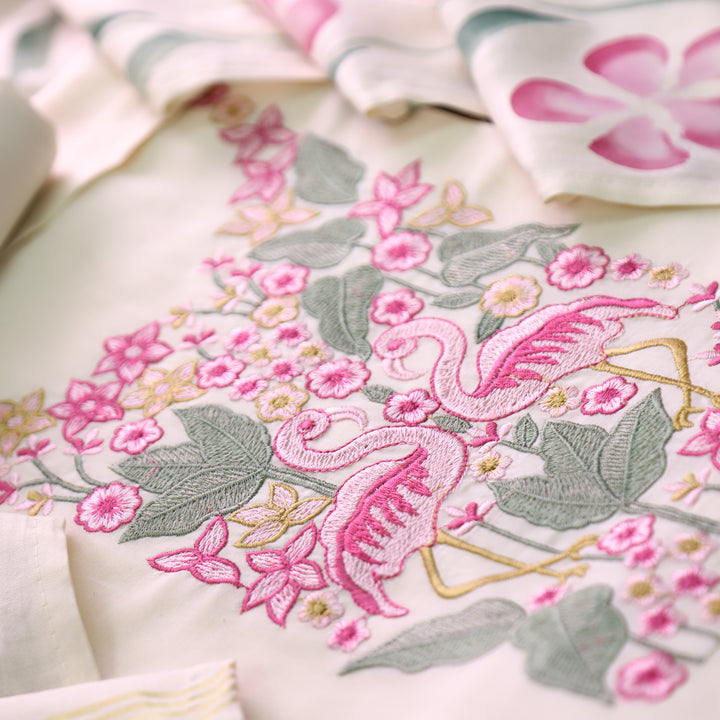 Patrani Swan White with Bird Emboirdered Neck Work Modal Suit Set