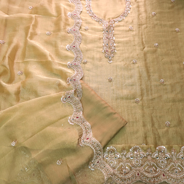 Kanika Butter Yellow Embellished Neck and Hem Crinkle Shimmer Tissue Set