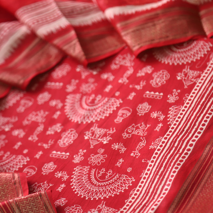 Zinat Bright Red Warli Printed in Mangalgiri Hem Work Cotton Suit Set