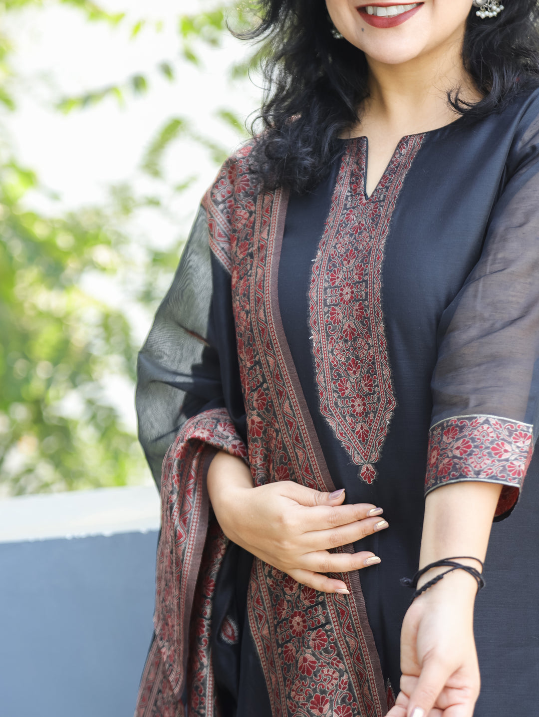 Rupali Black Round Neck in Jamdani Kashmiri Inspired Chanderi 3 Piece Set