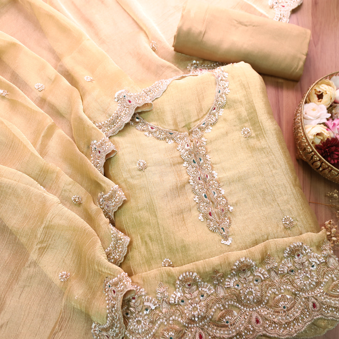 Kanika Butter Yellow Embellished Neck and Hem Crinkle Shimmer Tissue Set