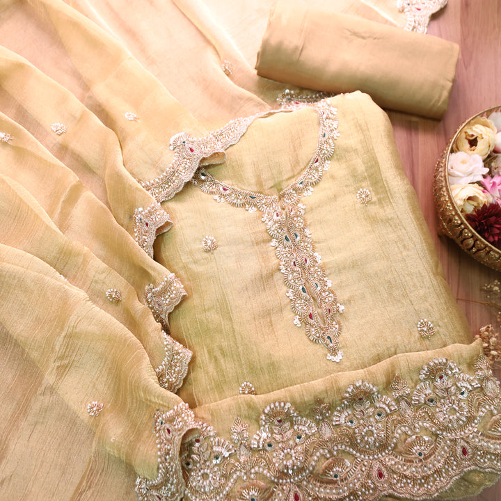 Kanika Butter Yellow Embellished Neck and Hem Crinkle Shimmer Tissue Set