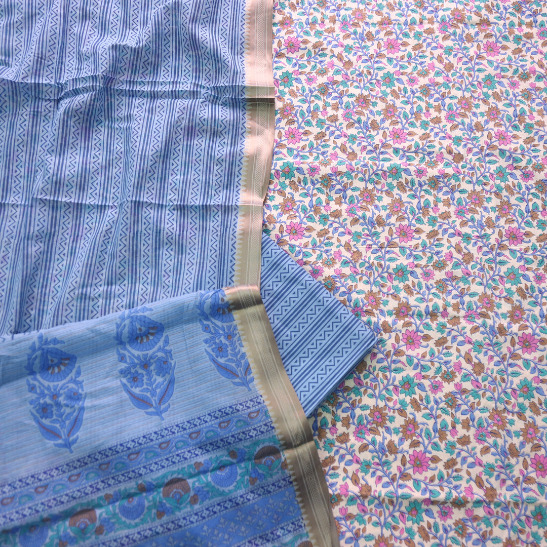 जीनत White with Blue Floral Printed Mangalgiri Hem Work Cotton Suit Set