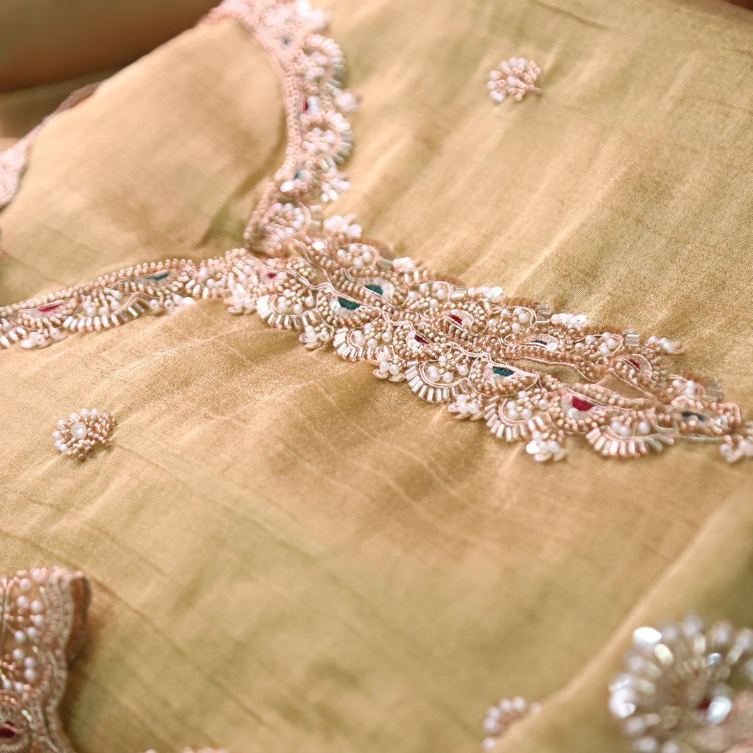 Kanika Butter Yellow Embellished Neck and Hem Crinkle Shimmer Tissue Set