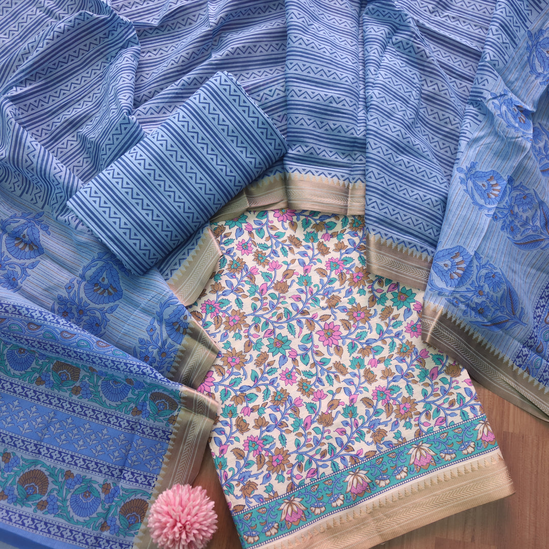 जीनत White with Blue Floral Printed Mangalgiri Hem Work Cotton Suit Set