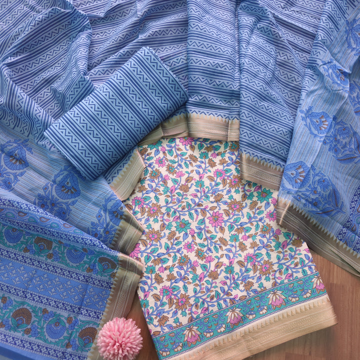 जीनत White with Blue Floral Printed Mangalgiri Hem Work Cotton Suit Set