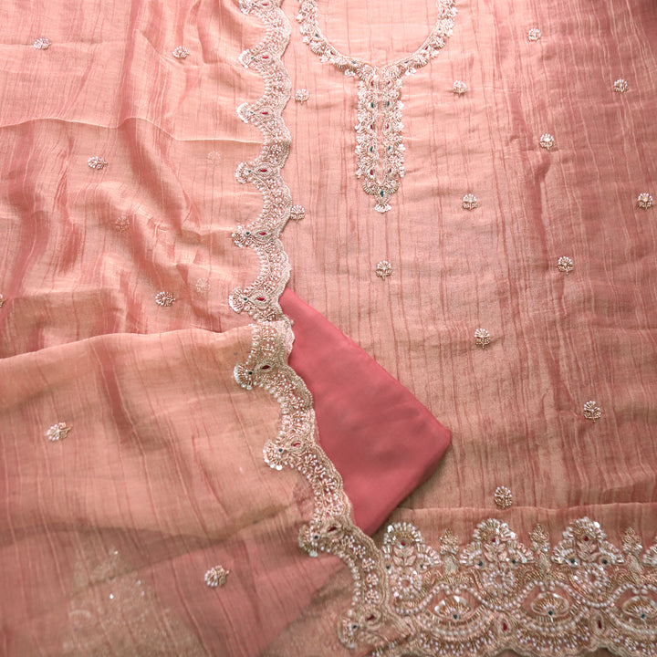 Kanika Rosy Coral Embellished Neck and Hem Crinkle Shimmer Tissue Set