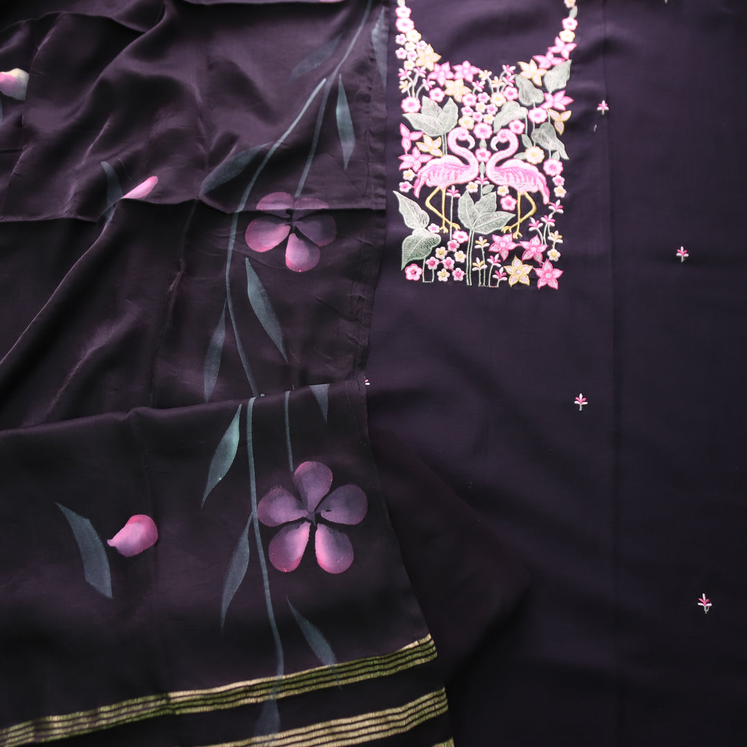 Patrani Night Black with Bird Emboirdered Neck Work Modal Suit Set