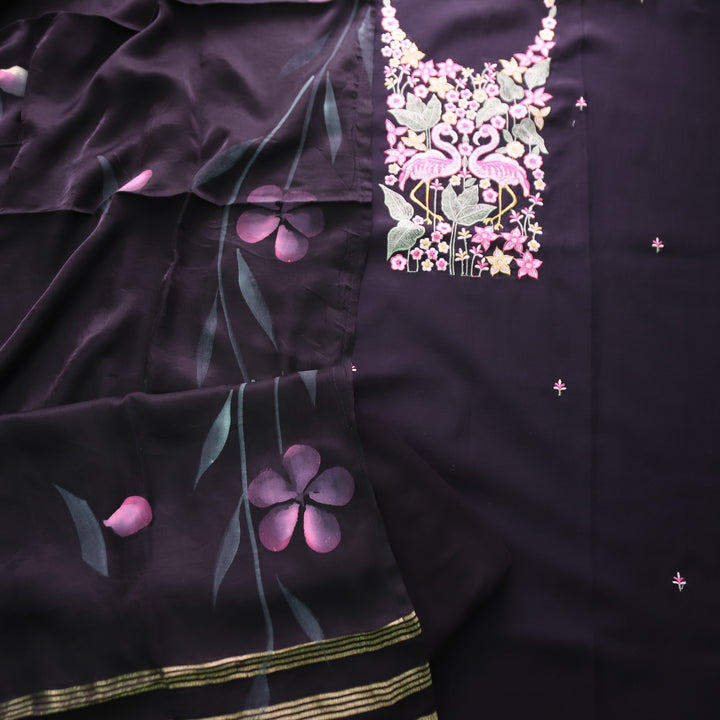 Patrani Night Black with Bird Emboirdered Neck Work Modal Suit Set