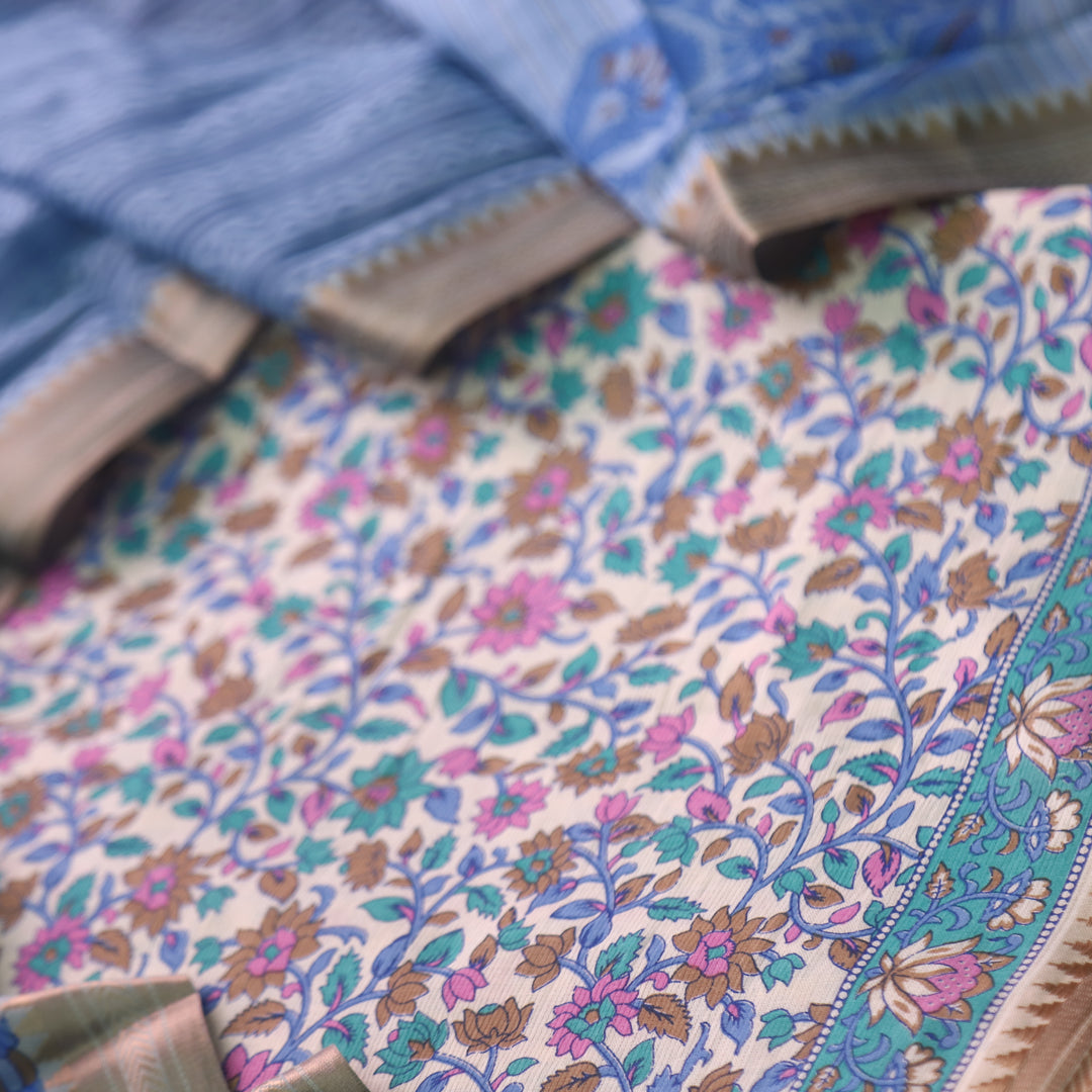 जीनत White with Blue Floral Printed Mangalgiri Hem Work Cotton Suit Set