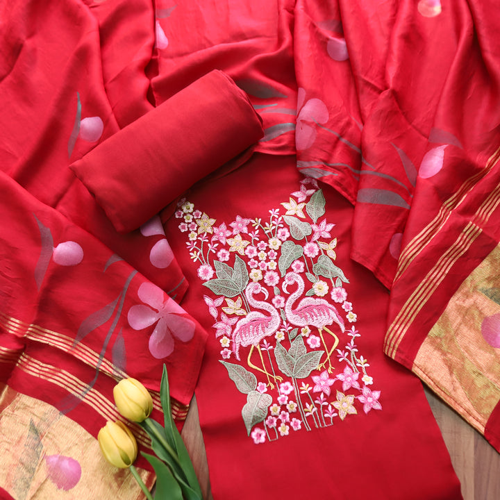 Patrani Red with Bird Emboirdered Neck Work Modal Suit Set