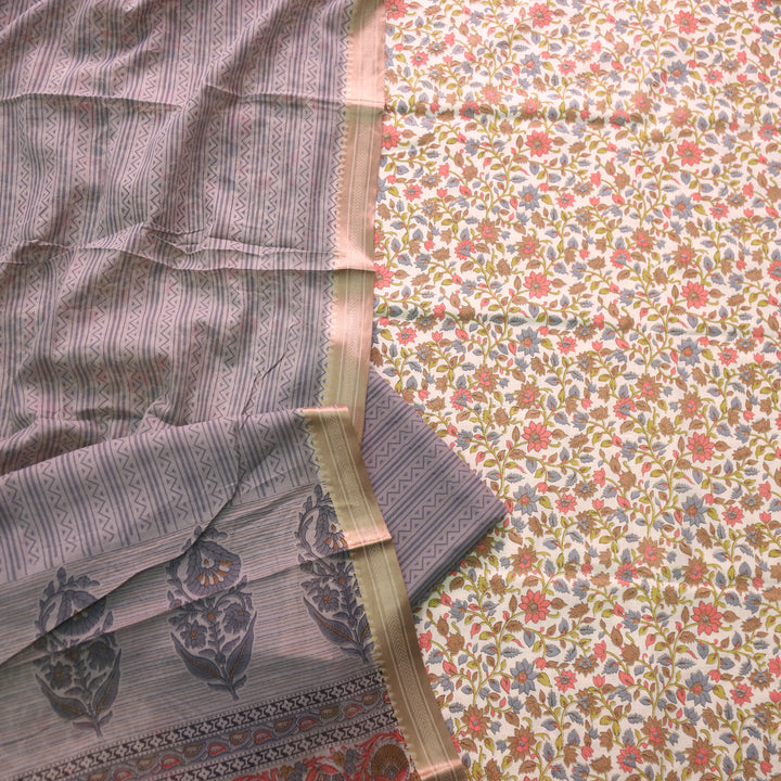 जीनत White with Grey Floral Printed Mangalgiri Hem Work Cotton Suit Set