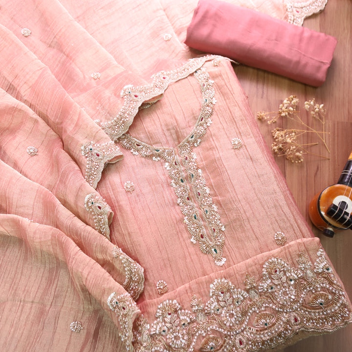Kanika Rosy Coral Embellished Neck and Hem Crinkle Shimmer Tissue Set