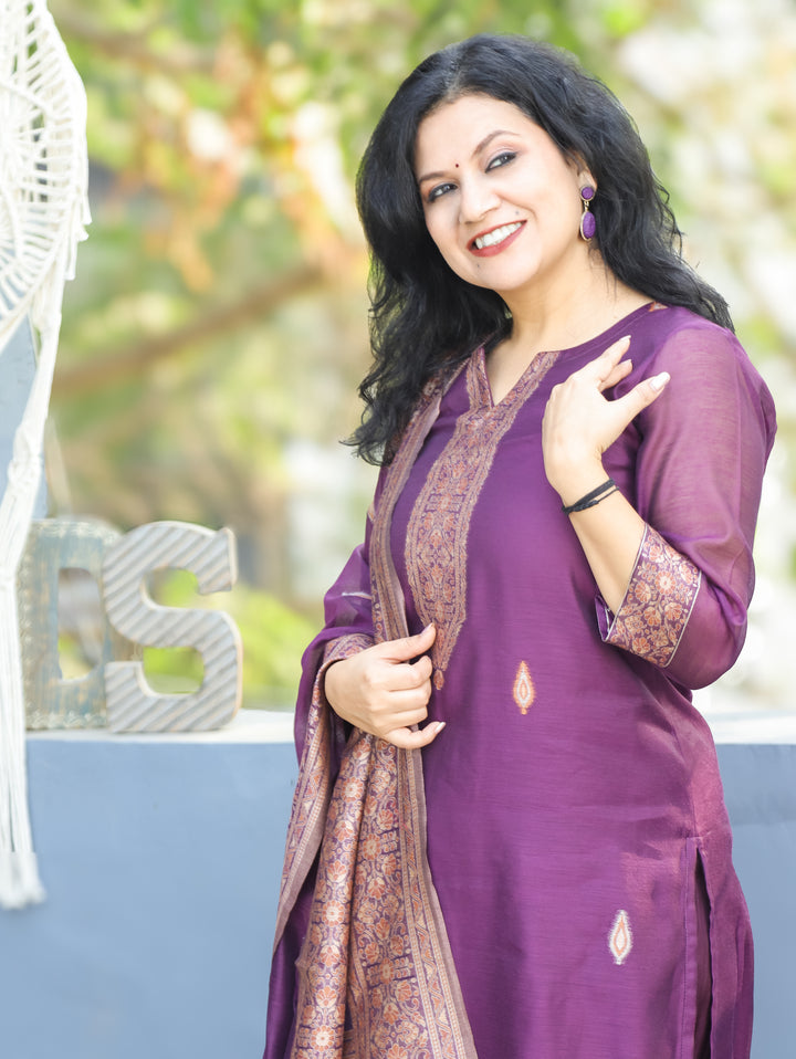 Rupali Berry Purple Round Neck in Jamdani Kashmiri Inspired Chanderi 3 Piece Set