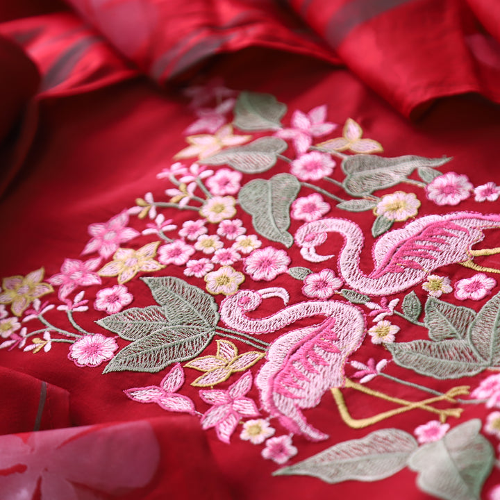 Patrani Red with Bird Emboirdered Neck Work Modal Suit Set