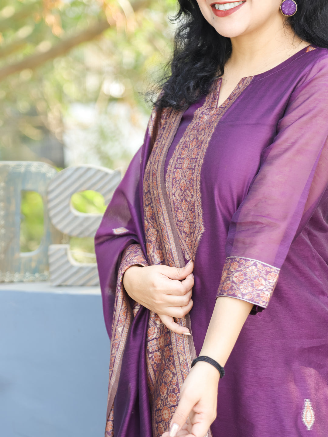 Rupali Berry Purple Round Neck in Jamdani Kashmiri Inspired Chanderi 3 Piece Set