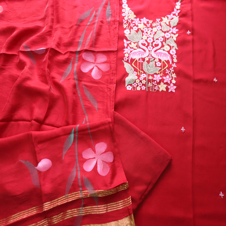 Patrani Red with Bird Emboirdered Neck Work Modal Suit Set