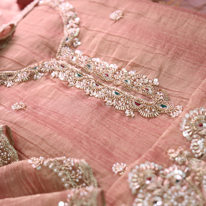 Kanika Rosy Coral Embellished Neck and Hem Crinkle Shimmer Tissue Set