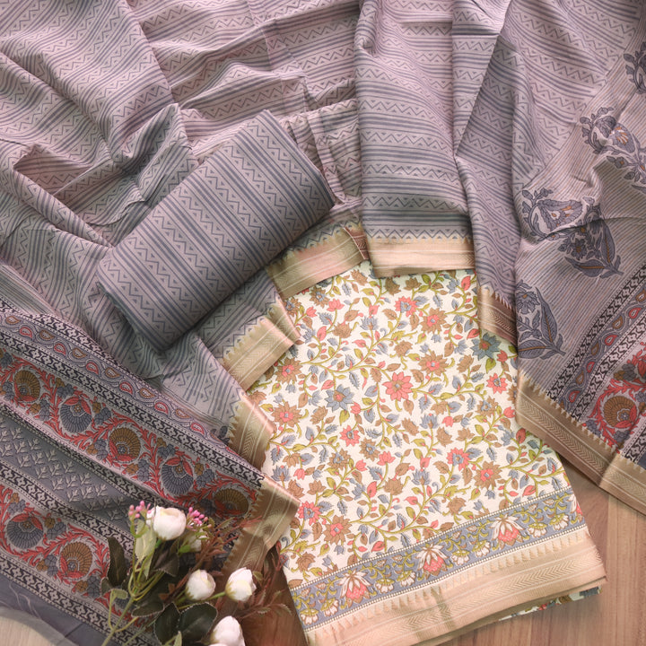 जीनत White with Grey Floral Printed Mangalgiri Hem Work Cotton Suit Set