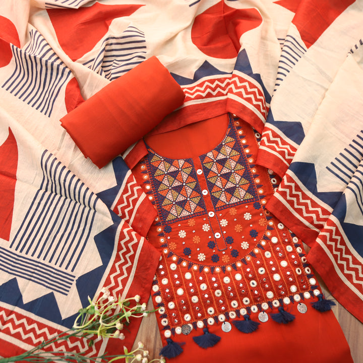 Alisha Burnt Red Embroidered Neck with Patra Rayon Set