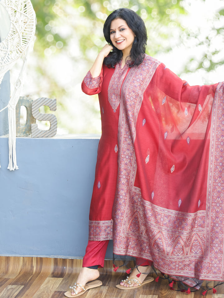 Rupali Cherry Red Round Neck in Jamdani Kashmiri Inspired Chanderi 3 Piece Set