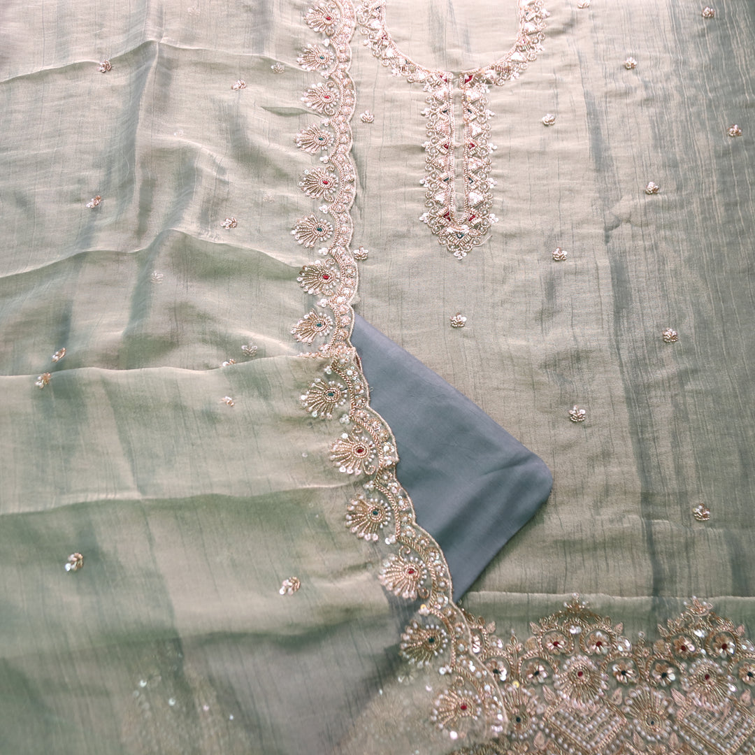 Kanika Chrome Grey Embellished Neck and Hem Crinkle Shimmer Tissue Set