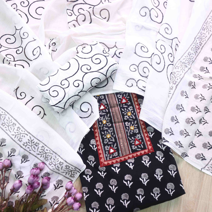 Nazara Deep Black Kutch Mirror Work Dabu Printed Cotton Suit Set