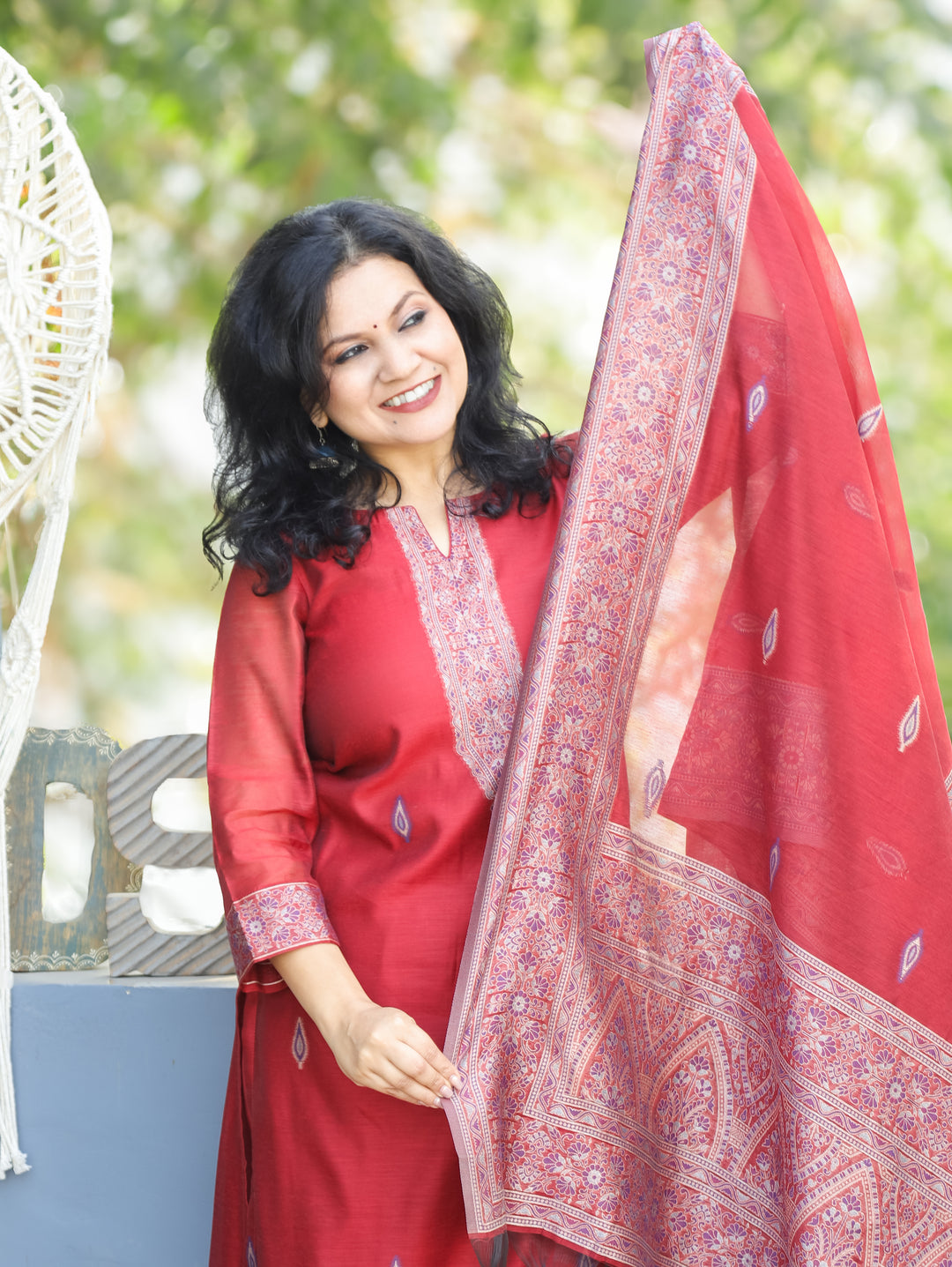 Rupali Cherry Red Round Neck in Jamdani Kashmiri Inspired Chanderi 3 Piece Set