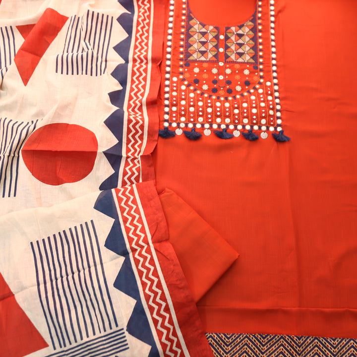 Alisha Burnt Red Embroidered Neck with Patra Rayon Set