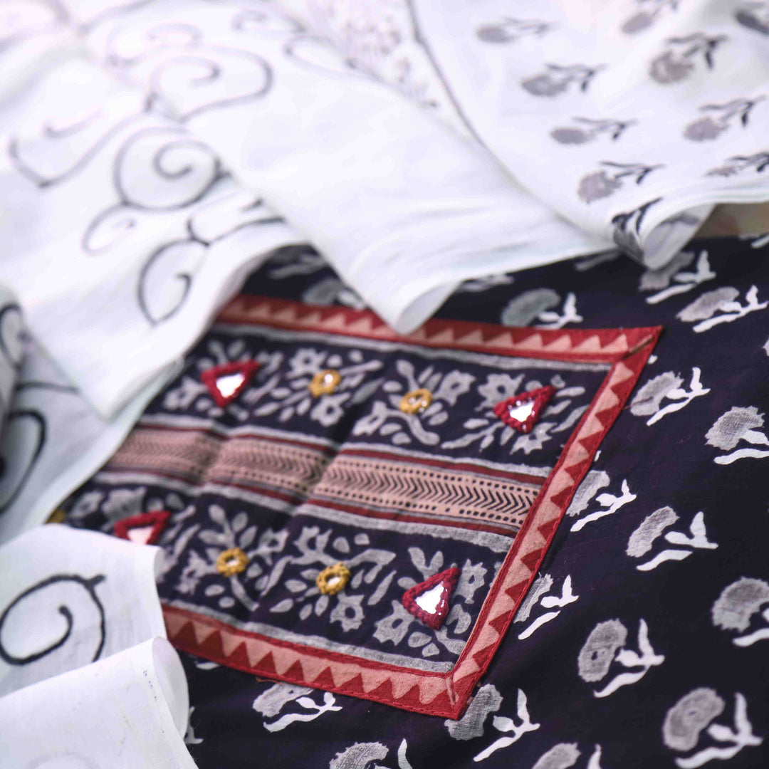 Nazara Deep Black Kutch Mirror Work Dabu Printed Cotton Suit Set