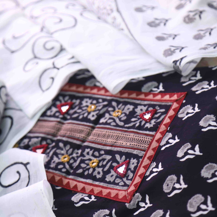 Nazara Deep Black Kutch Mirror Work Dabu Printed Cotton Suit Set