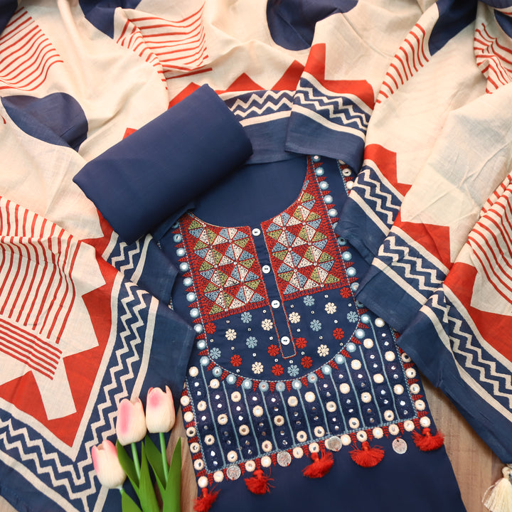 Alisha Denim Blue Embroidered Neck with Patra Rayon Set