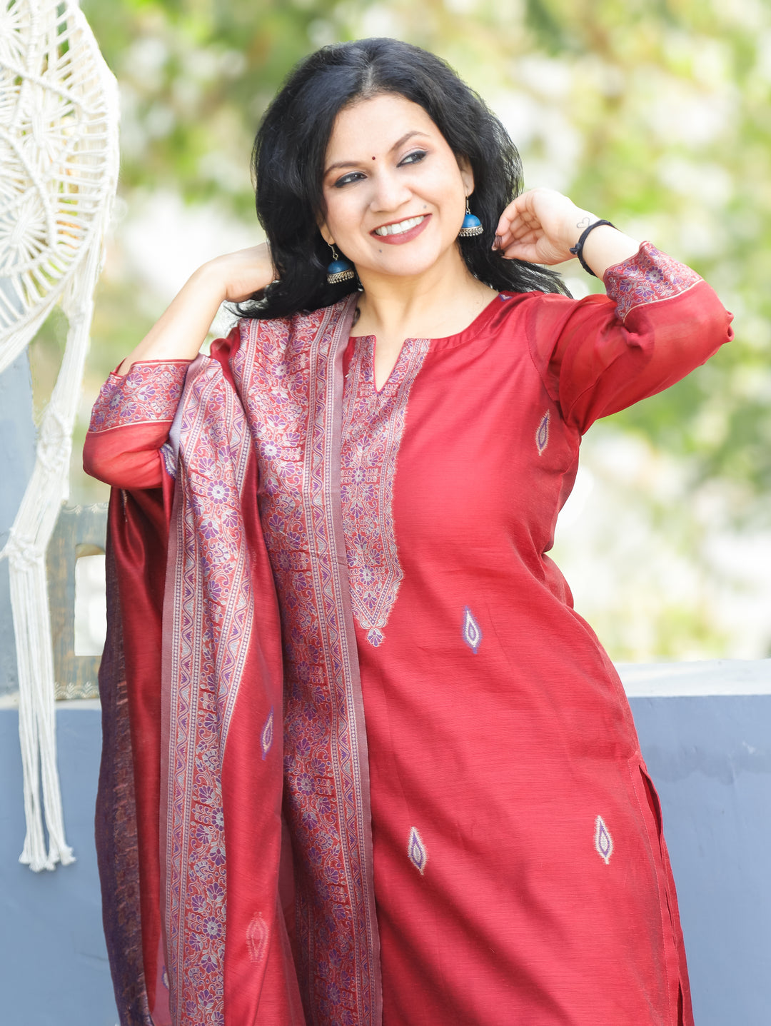 Rupali Cherry Red Round Neck in Jamdani Kashmiri Inspired Chanderi 3 Piece Set