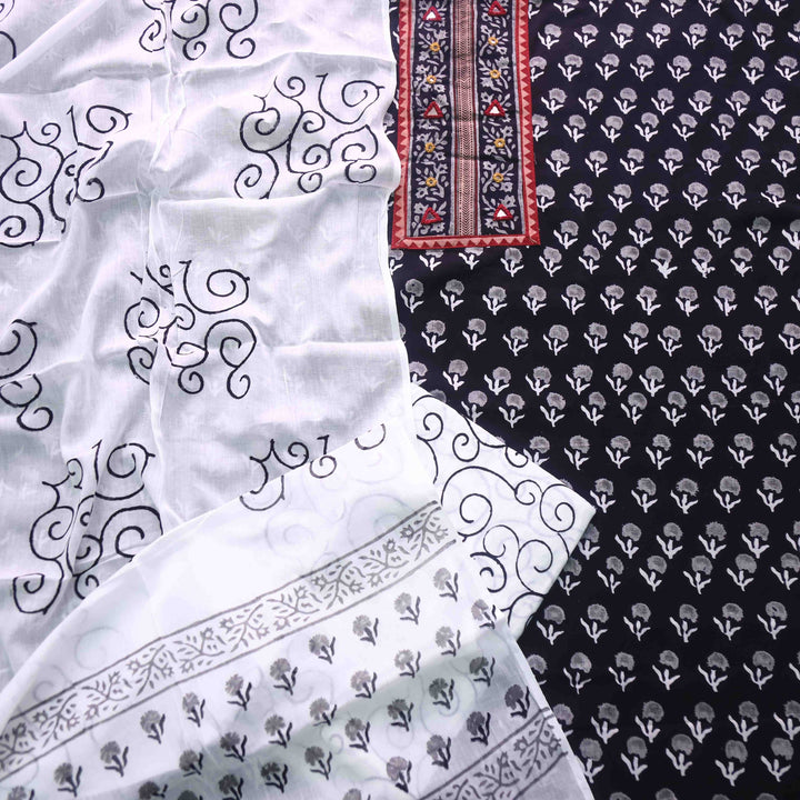 Nazara Deep Black Kutch Mirror Work Dabu Printed Cotton Suit Set