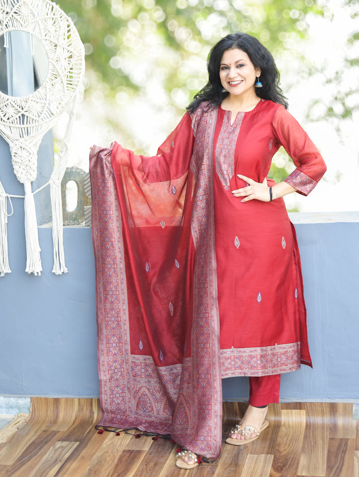 Rupali Cherry Red Round Neck in Jamdani Kashmiri Inspired Chanderi 3 Piece Set