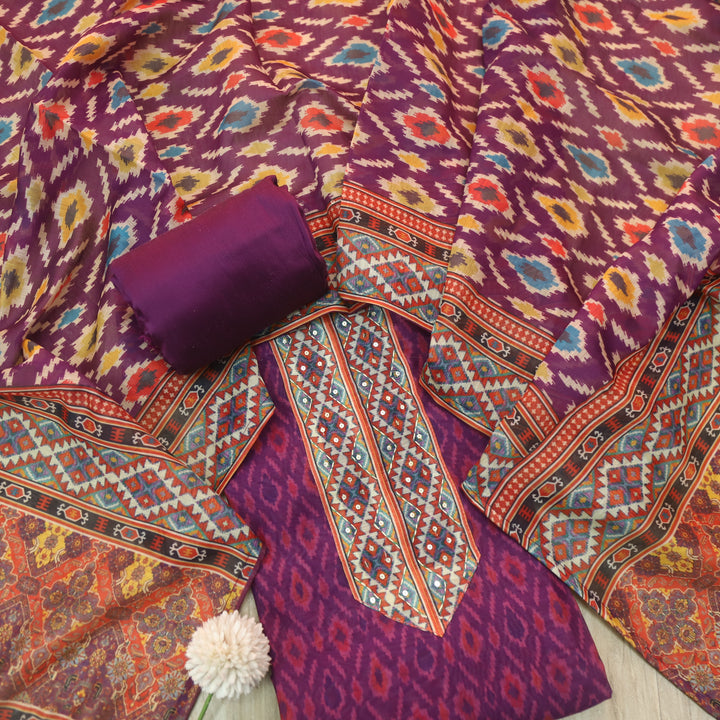 Pardesi Mulberry Purple Kantha Work Patch in Printed Chanderi Suit Set