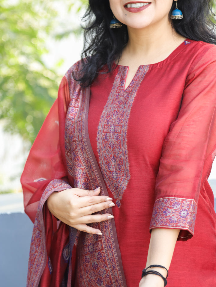 Rupali Cherry Red Round Neck in Jamdani Kashmiri Inspired Chanderi 3 Piece Set
