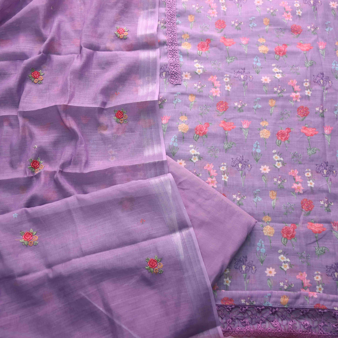 Shiddat Lavish Lavender Digital Floral Printed Cotton Linen Suit Set