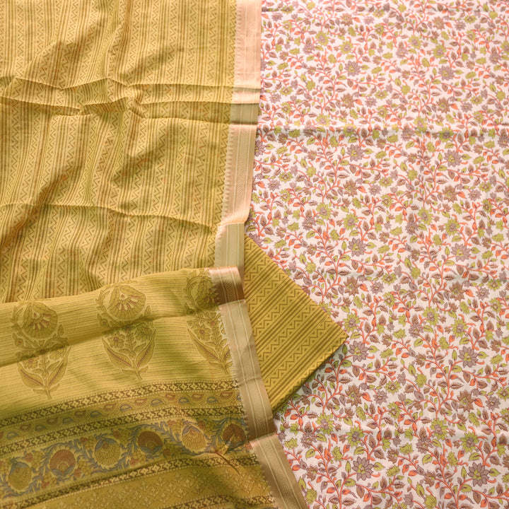 जीनत White with Olive Green Floral Printed Mangalgiri Hem Work Cotton Suit Set
