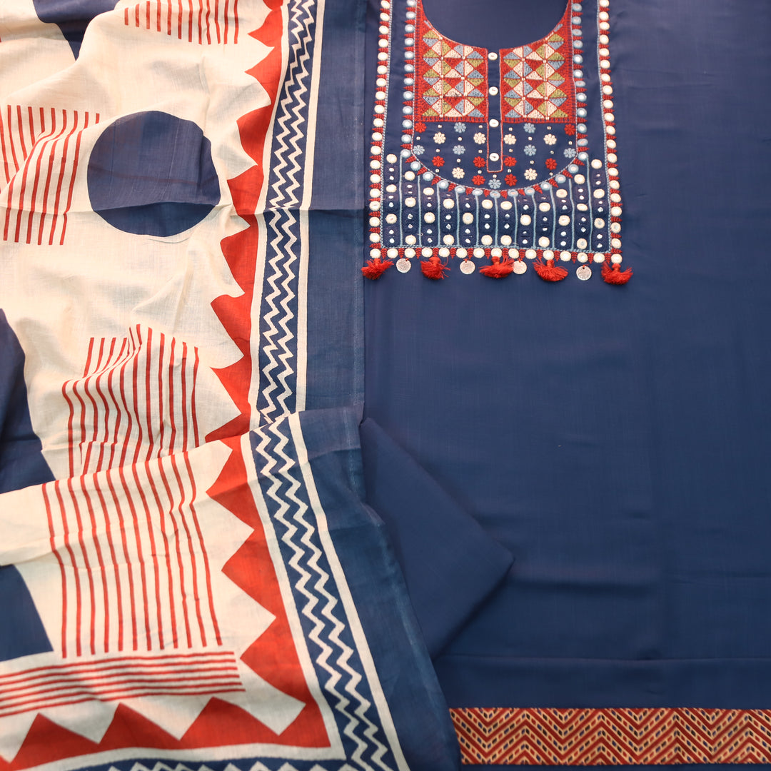 Alisha Denim Blue Embroidered Neck with Patra Rayon Set