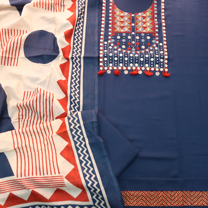 Alisha Denim Blue Embroidered Neck with Patra Rayon Set