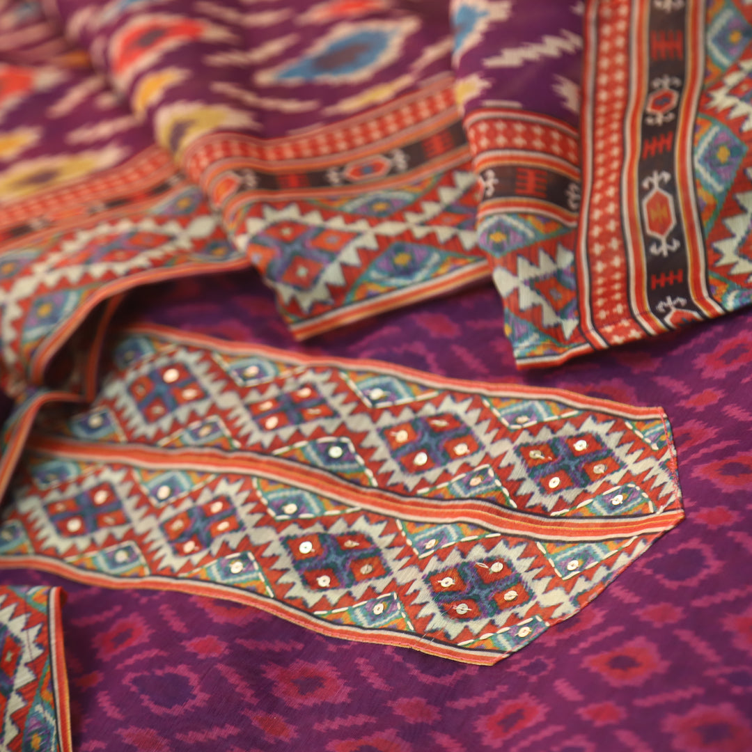 Pardesi Mulberry Purple Kantha Work Patch in Printed Chanderi Suit Set