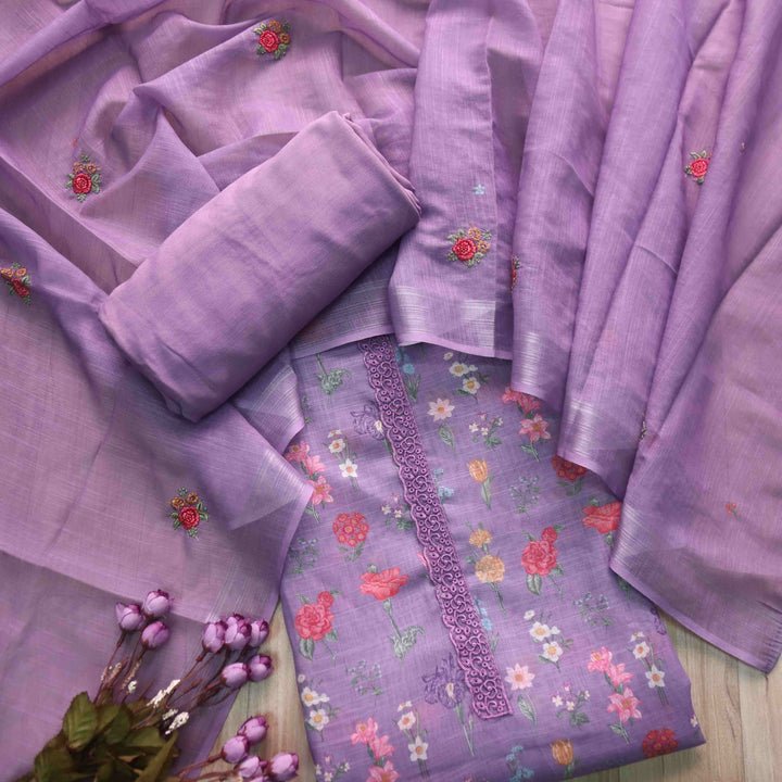 Shiddat Lavish Lavender Digital Floral Printed Cotton Linen Suit Set