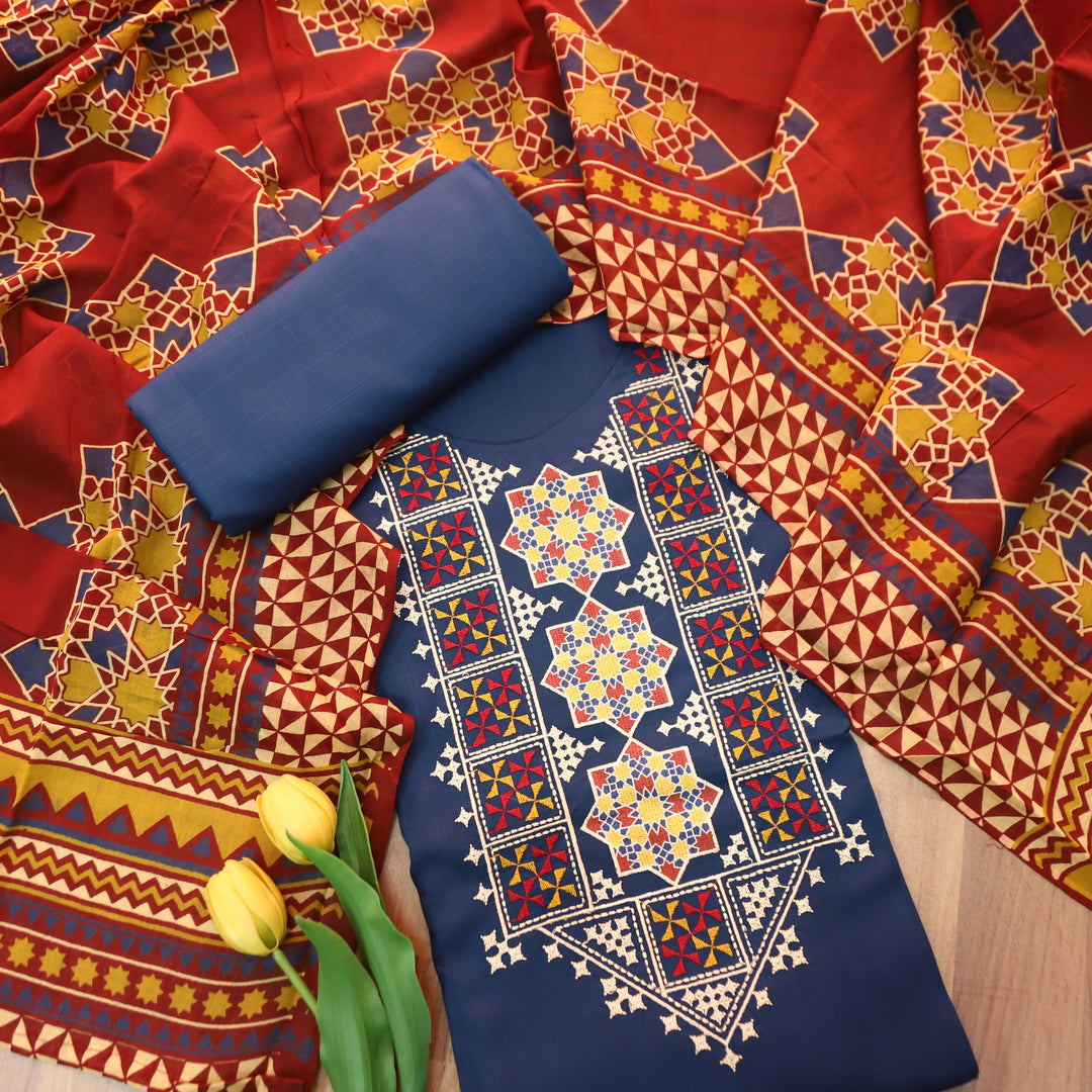 Ruvi Blue Thread Embroidered Neck Work Cotton Rayon Set