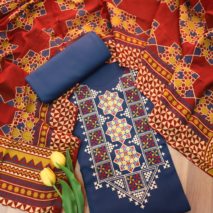 Ruvi Blue Thread Embroidered Neck Work Cotton Rayon Set