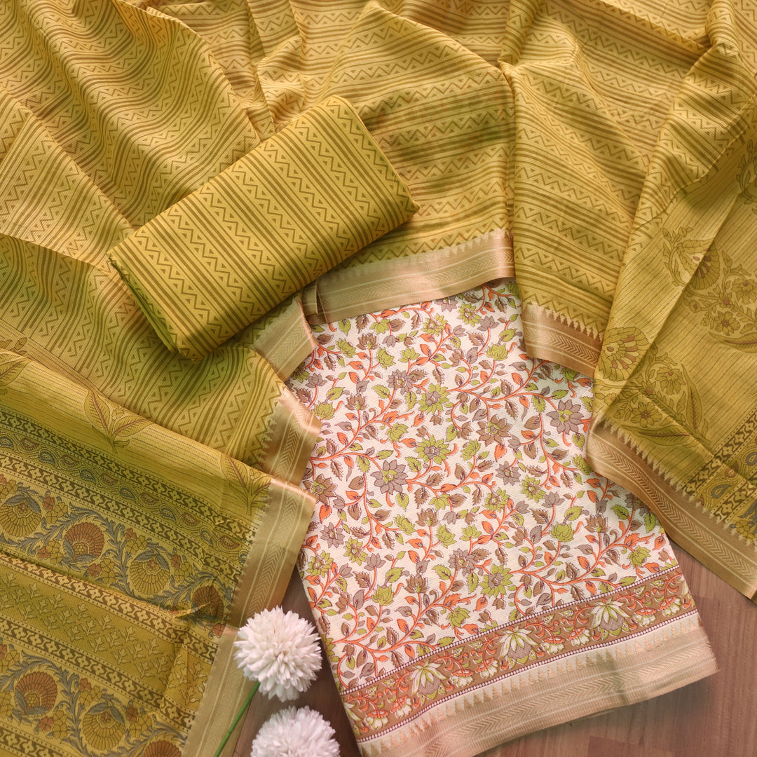 जीनत White with Olive Green Floral Printed Mangalgiri Hem Work Cotton Suit Set