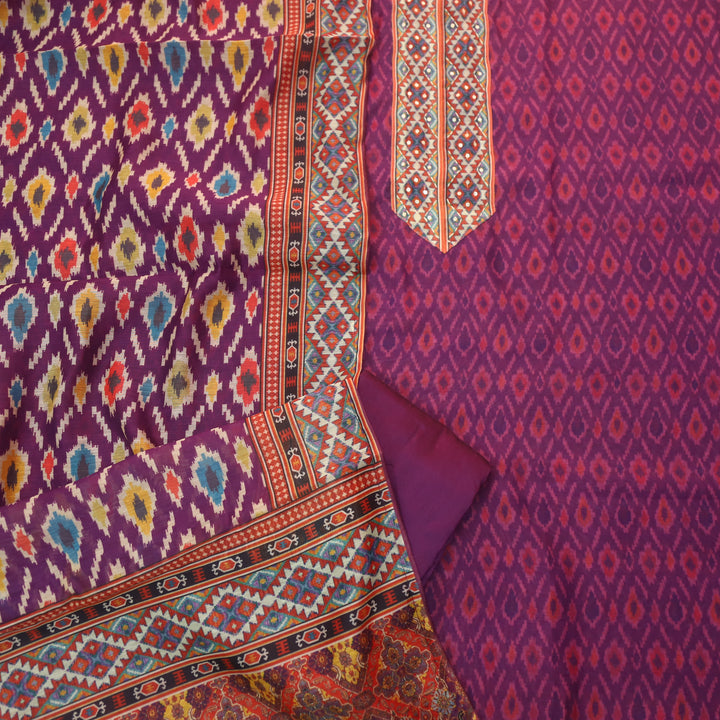 Pardesi Mulberry Purple Kantha Work Patch in Printed Chanderi Suit Set