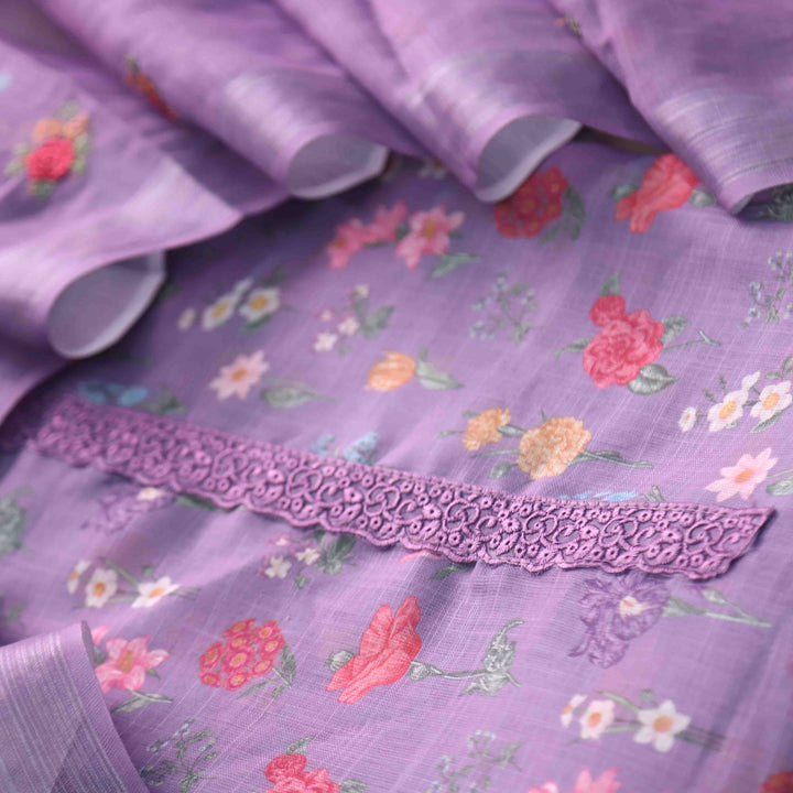 Shiddat Lavish Lavender Digital Floral Printed Cotton Linen Suit Set