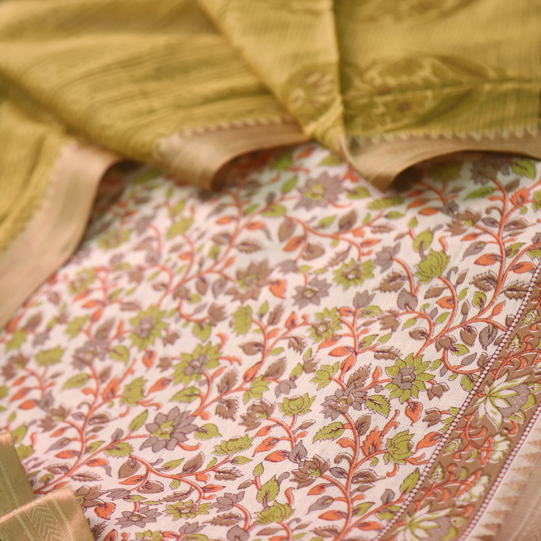 जीनत White with Olive Green Floral Printed Mangalgiri Hem Work Cotton Suit Set